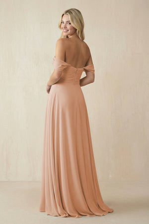 Off - the - Shoulder Chiffon A - Line Long Bridesmaid Dress in Champagne Rose - SHE IS ME Bridesmaid Dresses