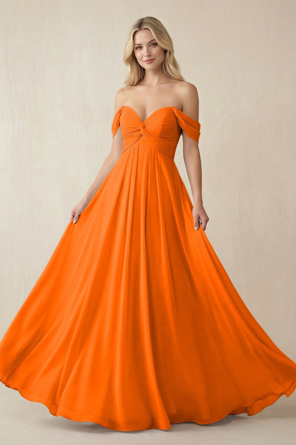 Off - the - Shoulder Chiffon A - Line Long Bridesmaid Dress in Cinnamon - KISS BRIDAL Bridesmaid Dresses