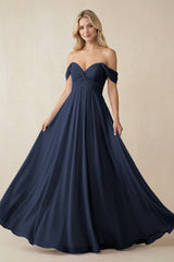 Off - the - Shoulder Chiffon A - Line Long Bridesmaid Dress in Dark Navy - KISS BRIDAL Bridesmaid Dresses