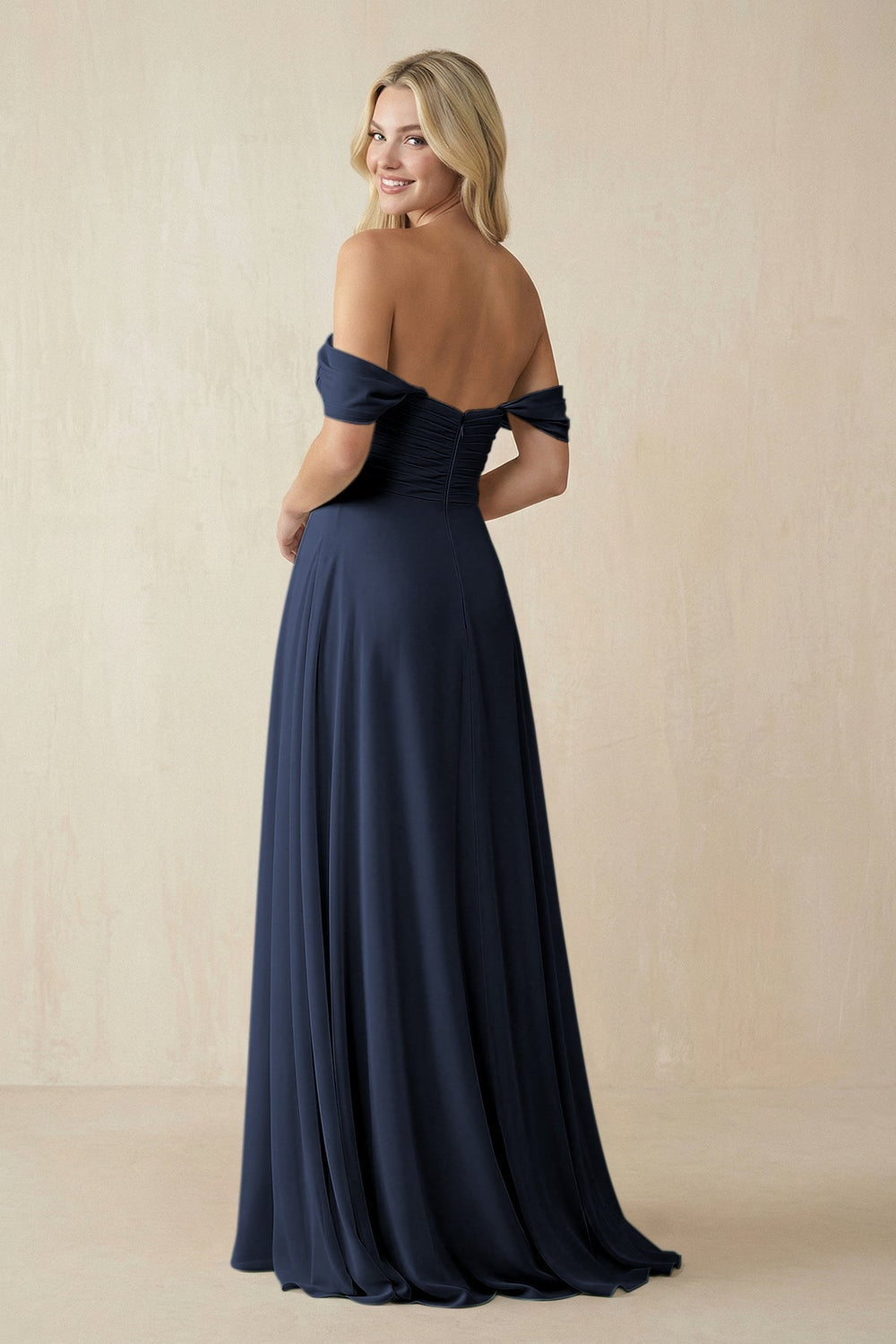 Off - the - Shoulder Chiffon A - Line Long Bridesmaid Dress in Dark Navy - KISS BRIDAL Bridesmaid Dresses