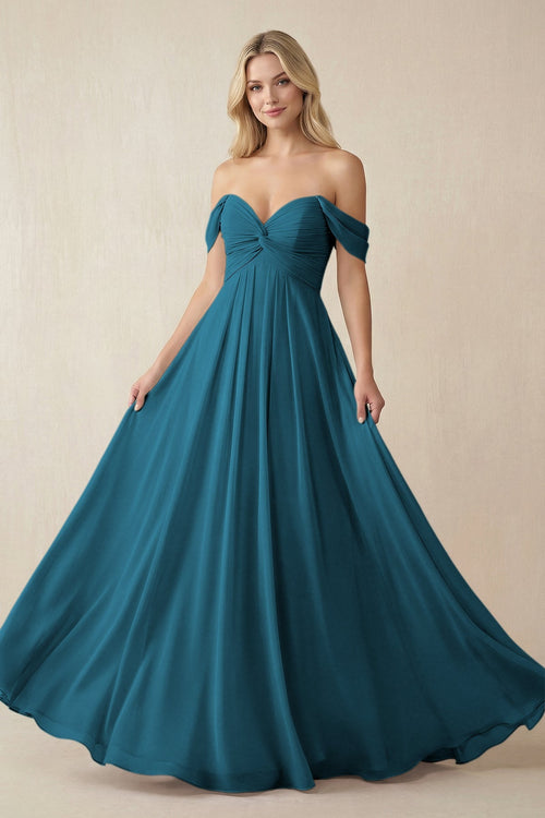 Off - the - Shoulder Chiffon A - Line Long Bridesmaid Dress in Dark Teal - SHE IS ME Bridesmaid Dresses