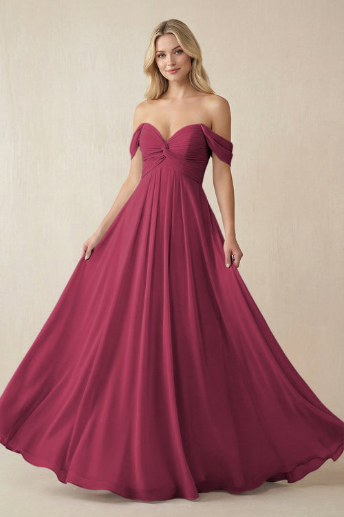 Off - the - Shoulder Chiffon A - Line Long Bridesmaid Dress in Desert Rose - KISS BRIDAL Bridesmaid Dresses