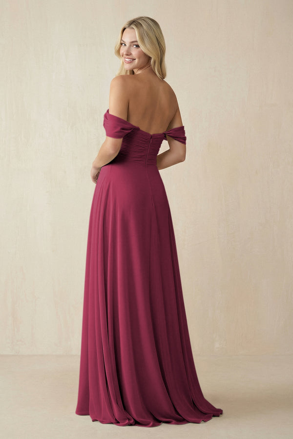 Off - the - Shoulder Chiffon A - Line Long Bridesmaid Dress in Desert Rose - KISS BRIDAL Bridesmaid Dresses