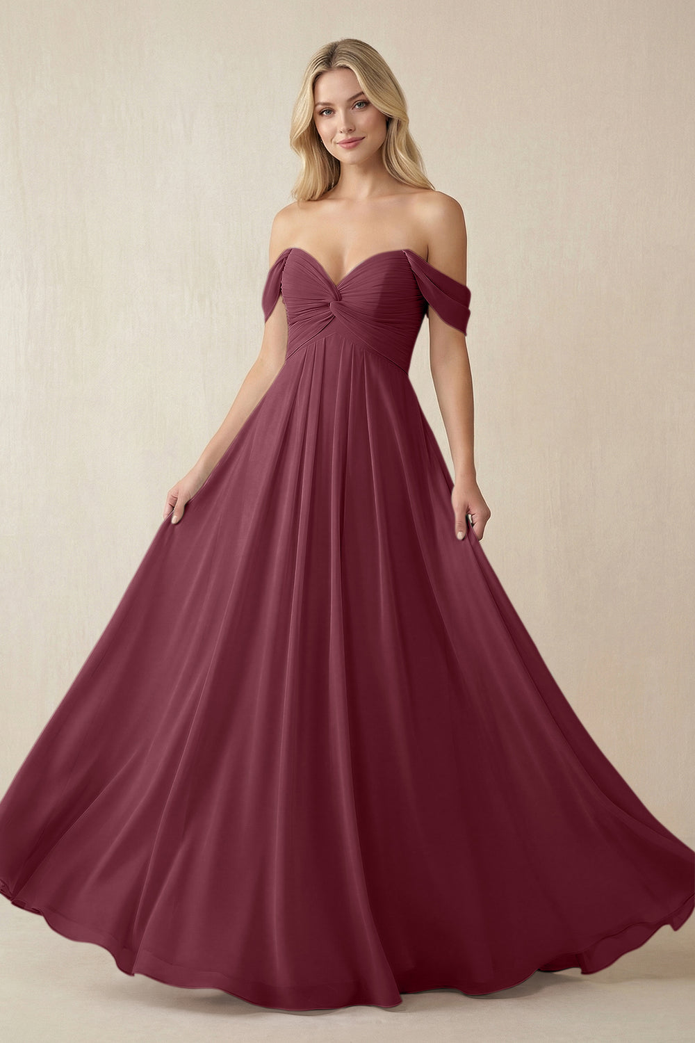 Off-the-Shoulder Chiffon A-Line Long Bridesmaid Dress in Desert Rose