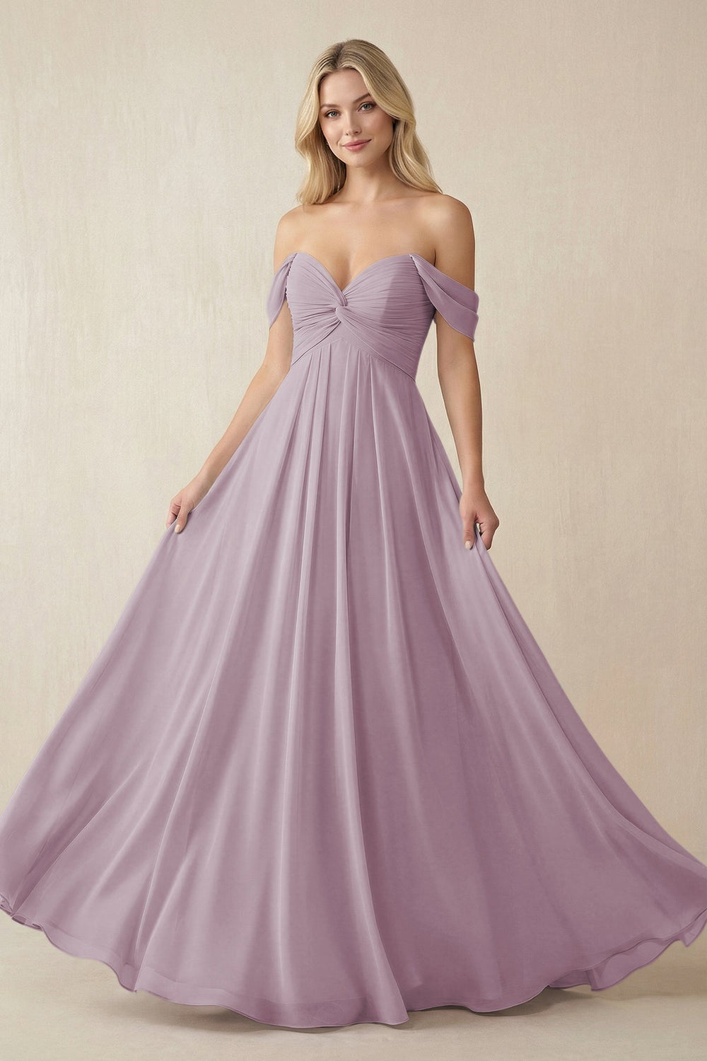 Off - the - Shoulder Chiffon A - Line Long Bridesmaid Dress in Dusk - KISS BRIDAL Bridesmaid Dresses
