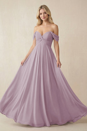 Off - the - Shoulder Chiffon A - Line Long Bridesmaid Dress in Dusk - SHE IS ME Bridesmaid Dresses