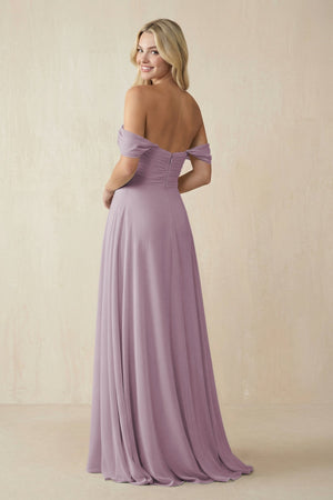 Off - the - Shoulder Chiffon A - Line Long Bridesmaid Dress in Dusk - SHE IS ME Bridesmaid Dresses