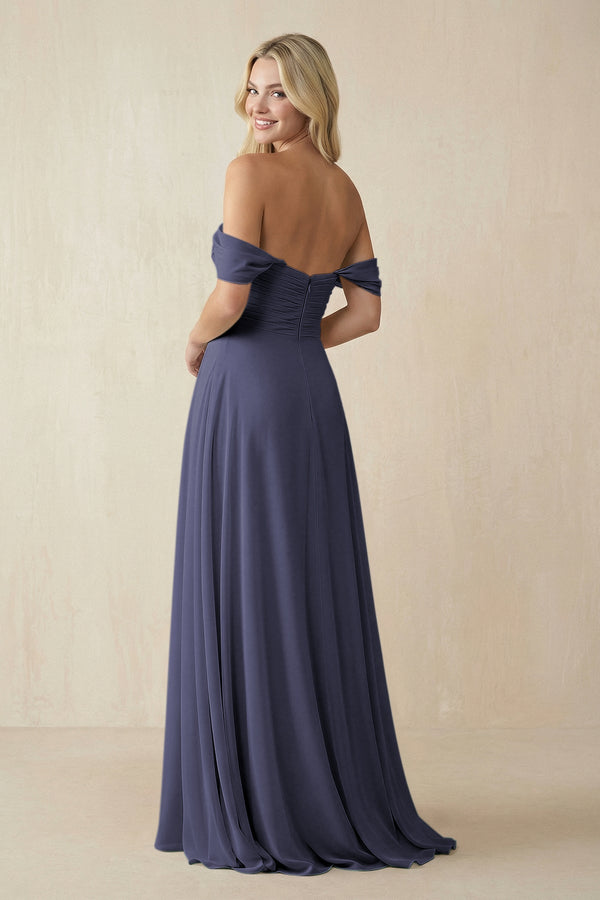 Off - the - Shoulder Chiffon A - Line Long Bridesmaid Dress in Dusk Blue - KISS BRIDAL Bridesmaid Dresses