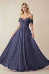 Off - the - Shoulder Chiffon A - Line Long Bridesmaid Dress in Dusk Blue - KISS BRIDAL Bridesmaid Dresses