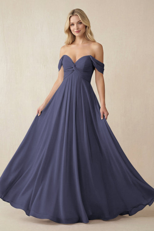 Off - the - Shoulder Chiffon A - Line Long Bridesmaid Dress in Dusk Blue - KISS BRIDAL Bridesmaid Dresses