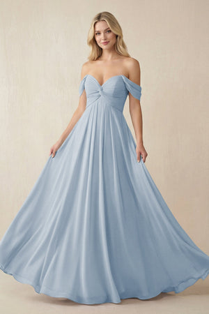 Off - the - Shoulder Chiffon A - Line Long Bridesmaid Dress in Dusty Blue - KISS BRIDAL Bridesmaid Dresses