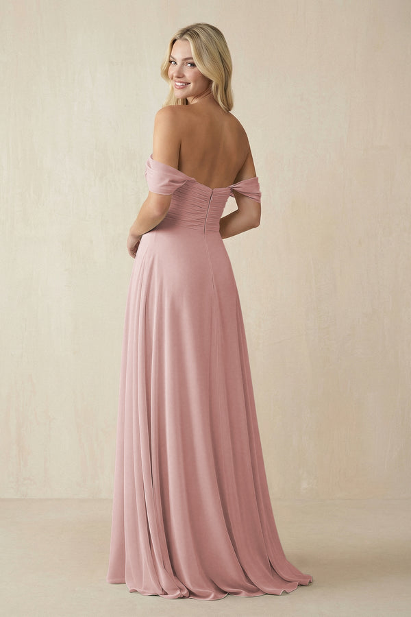 Off - the - Shoulder Chiffon A - Line Long Bridesmaid Dress in Dusty Rose - KISS BRIDAL Bridesmaid Dresses