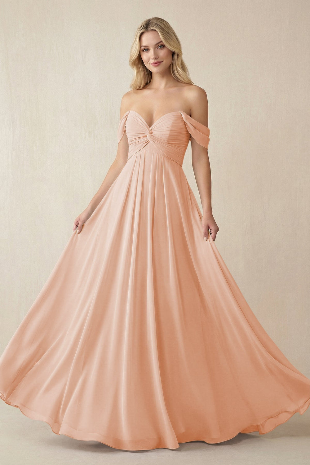 Off - the - Shoulder Chiffon A - Line Long Bridesmaid Dress in English Rose - KISS BRIDAL Bridesmaid Dresses