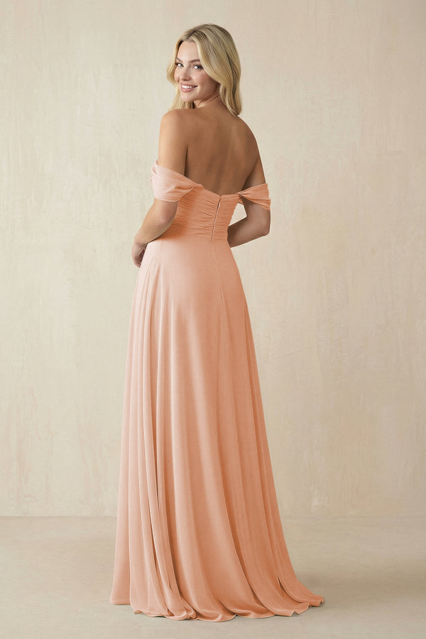 Off - the - Shoulder Chiffon A - Line Long Bridesmaid Dress in English Rose - KISS BRIDAL Bridesmaid Dresses