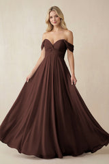 Off - the - Shoulder Chiffon A - Line Long Bridesmaid Dress in Espresso - KISS BRIDAL Bridesmaid Dresses