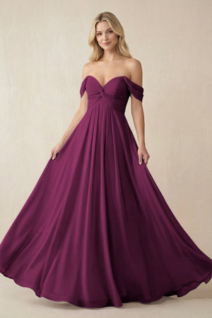 Off - the - Shoulder Chiffon A - Line Long Bridesmaid Dress in Fig - SHE IS ME Bridesmaid Dresses