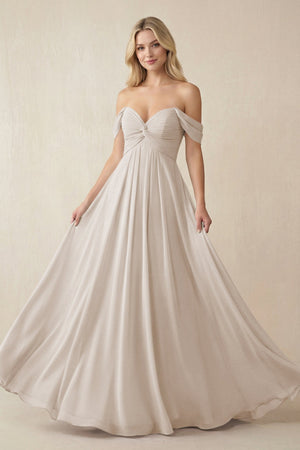 Off - the - Shoulder Chiffon A - Line Long Bridesmaid Dress in Frost - KISS BRIDAL Bridesmaid Dresses
