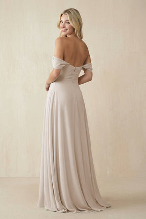 Off - the - Shoulder Chiffon A - Line Long Bridesmaid Dress in Frost - KISS BRIDAL Bridesmaid Dresses