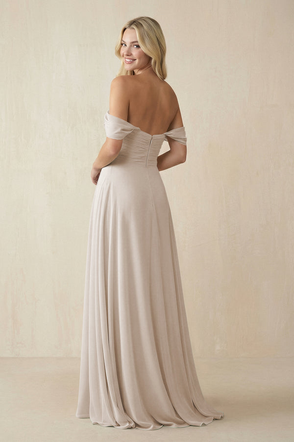 Off - the - Shoulder Chiffon A - Line Long Bridesmaid Dress in Frost - KISS BRIDAL Bridesmaid Dresses