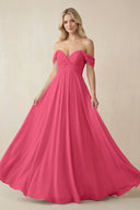 Off - the - Shoulder Chiffon A - Line Long Bridesmaid Dress in Fuchsia - KISS BRIDAL Bridesmaid Dresses