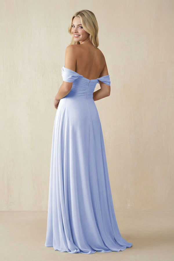 Off - the - Shoulder Chiffon A - Line Long Bridesmaid Dress in Ice - KISS BRIDAL Bridesmaid Dresses