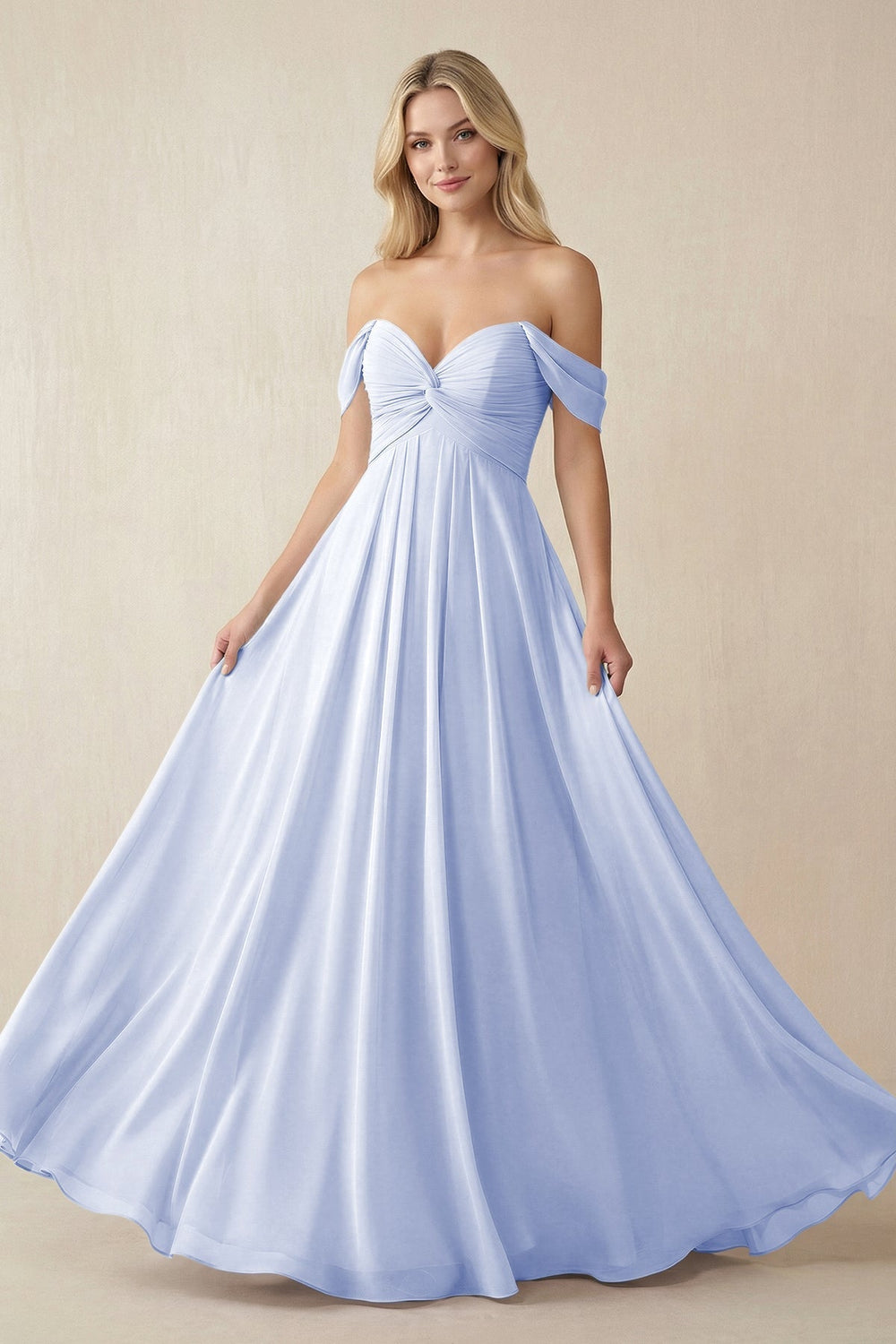 Off - the - Shoulder Chiffon A - Line Long Bridesmaid Dress in Ice - KISS BRIDAL Bridesmaid Dresses