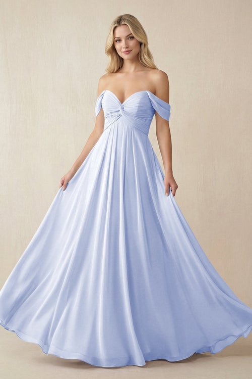 Off - the - Shoulder Chiffon A - Line Long Bridesmaid Dress in Ice - KISS BRIDAL Bridesmaid Dresses