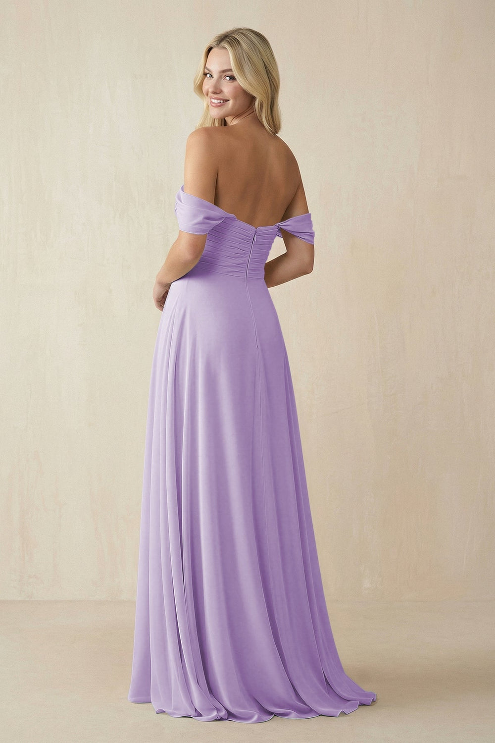 Off - the - Shoulder Chiffon A - Line Long Bridesmaid Dress in Lavender - KISS BRIDAL Bridesmaid Dresses