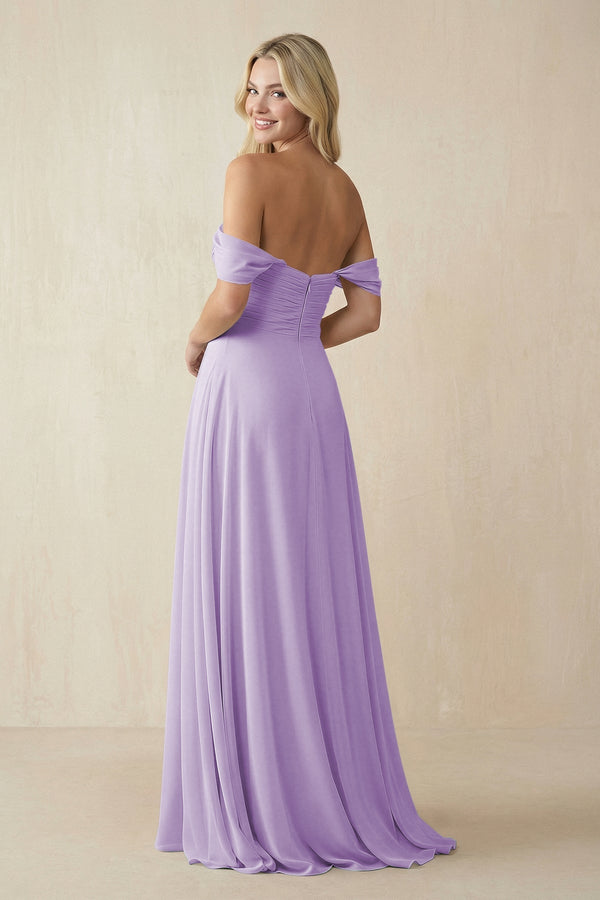 Off - the - Shoulder Chiffon A - Line Long Bridesmaid Dress in Lavender - KISS BRIDAL Bridesmaid Dresses