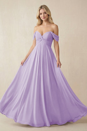 Off - the - Shoulder Chiffon A - Line Long Bridesmaid Dress in Lavender - KISS BRIDAL Bridesmaid Dresses