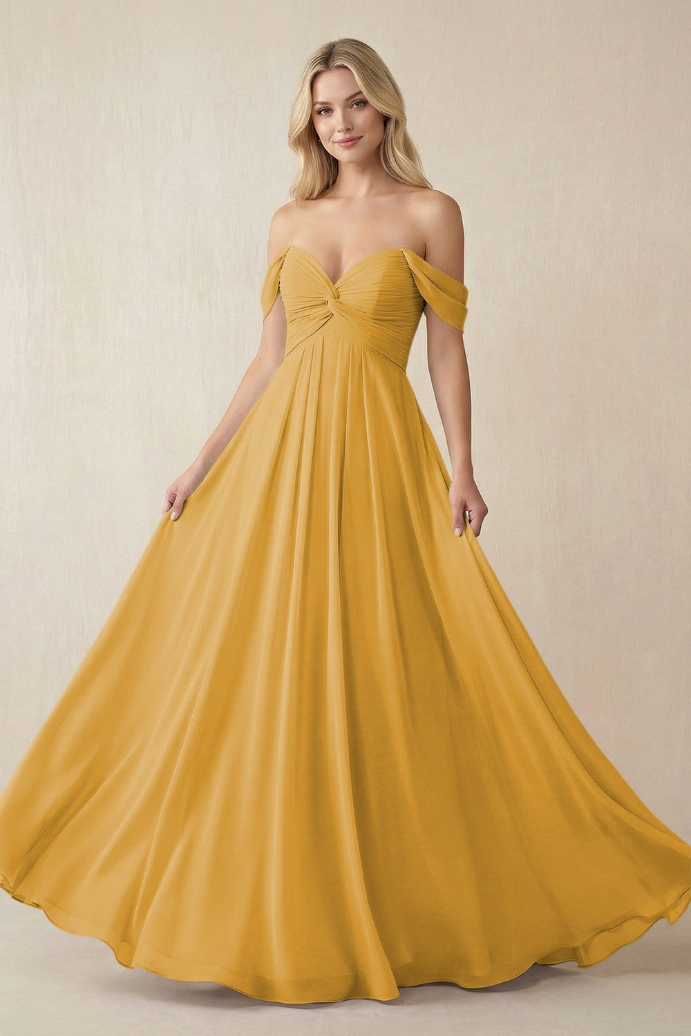 Off - the - Shoulder Chiffon A - Line Long Bridesmaid Dress in Marigold - KISS BRIDAL Bridesmaid Dresses
