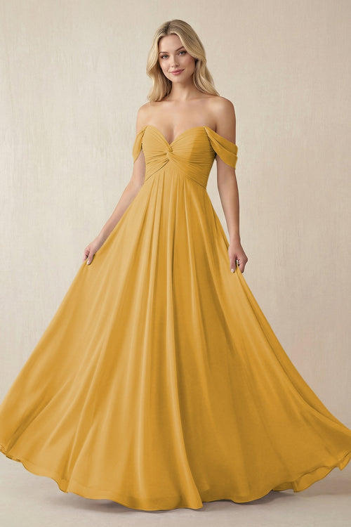 Off - the - Shoulder Chiffon A - Line Long Bridesmaid Dress in Marigold - KISS BRIDAL Bridesmaid Dresses