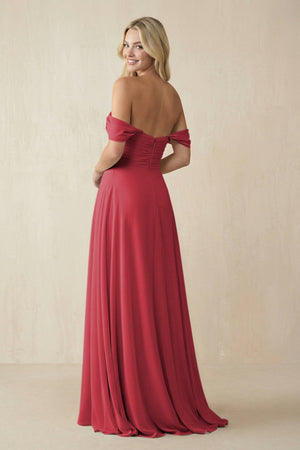 Off - the - Shoulder Chiffon A - Line Long Bridesmaid Dress in Merlot - KISS BRIDAL Bridesmaid Dresses