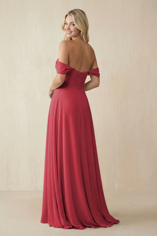 Off - the - Shoulder Chiffon A - Line Long Bridesmaid Dress in Merlot - KISS BRIDAL Bridesmaid Dresses