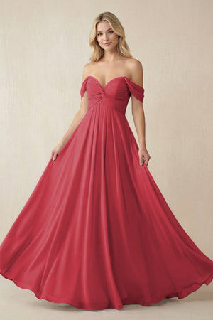 Off - the - Shoulder Chiffon A - Line Long Bridesmaid Dress in Merlot - KISS BRIDAL Bridesmaid Dresses