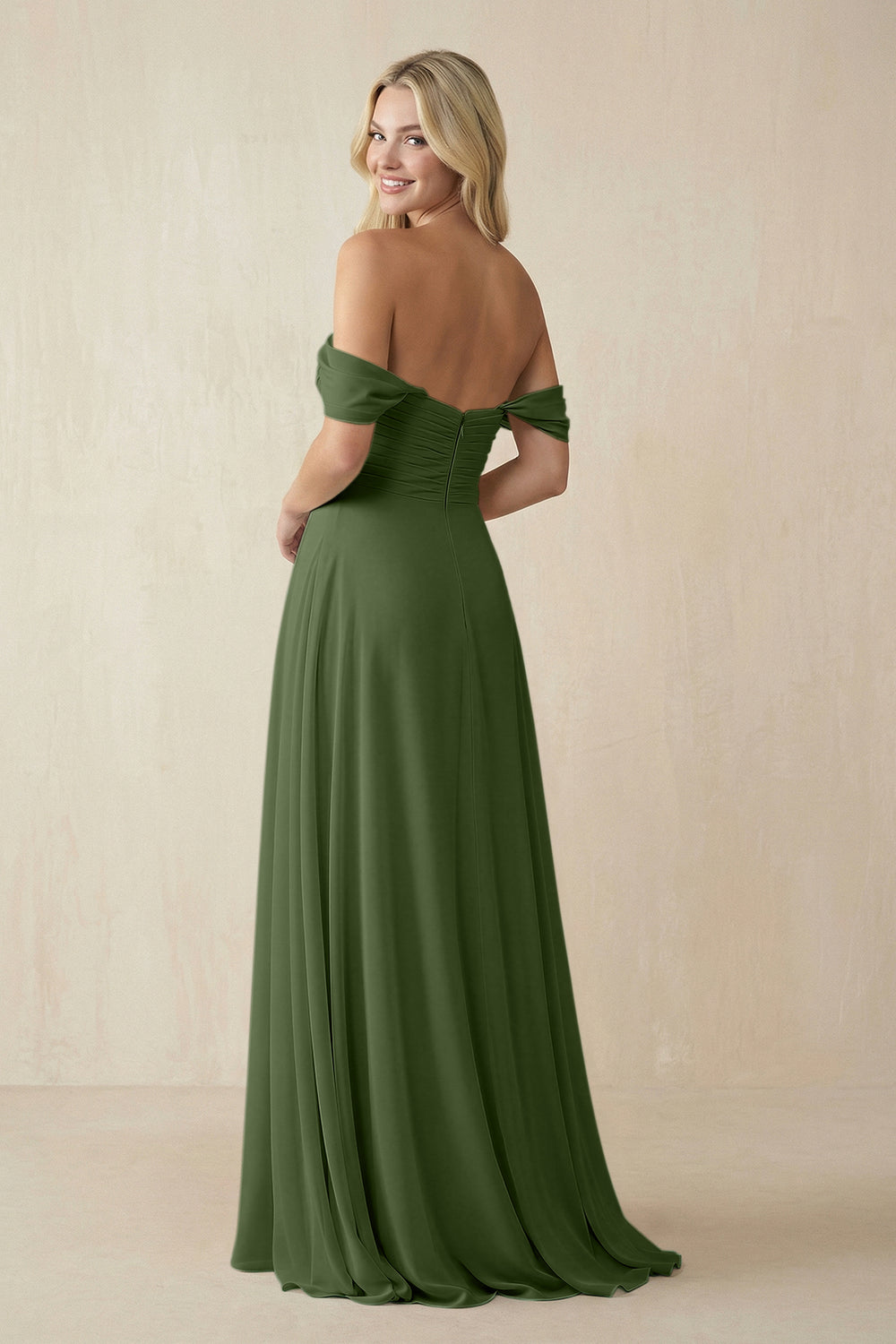 Off-the-Shoulder Chiffon A-Line Long Bridesmaid Dress in Moss