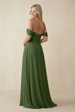 Off-the-Shoulder Chiffon A-Line Long Bridesmaid Dress in Moss (2) | KISSBRIDAL