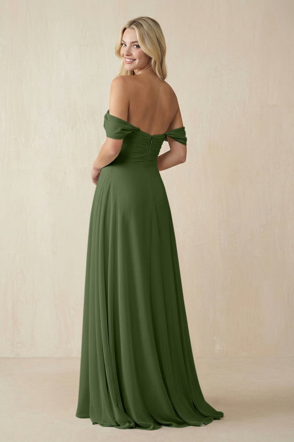 Off-the-Shoulder Chiffon A-Line Long Bridesmaid Dress in Moss (2) | KISSBRIDAL