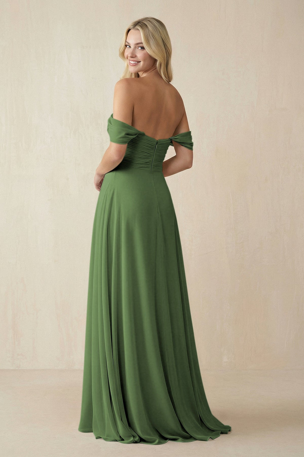 Off - the - Shoulder Chiffon A - Line Long Bridesmaid Dress in Moss - KISS BRIDAL Bridesmaid Dresses
