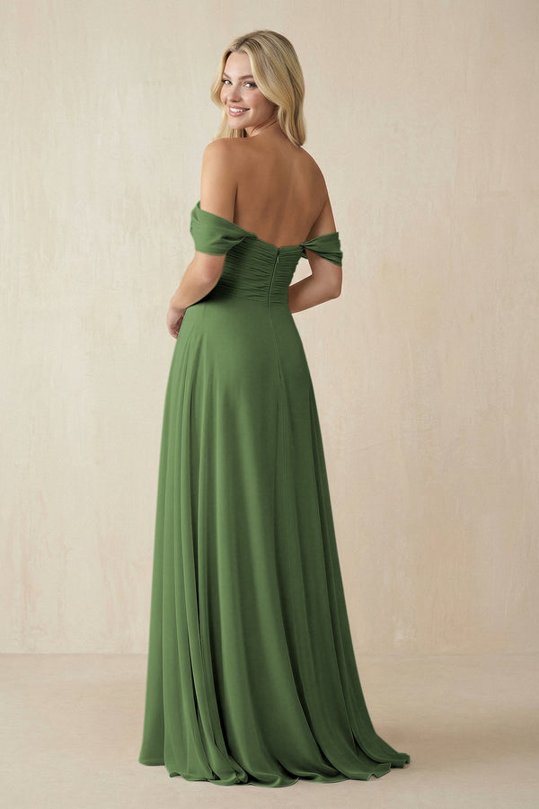 Off - the - Shoulder Chiffon A - Line Long Bridesmaid Dress in Moss - KISS BRIDAL Bridesmaid Dresses