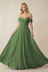 Off - the - Shoulder Chiffon A - Line Long Bridesmaid Dress in Moss - KISS BRIDAL Bridesmaid Dresses