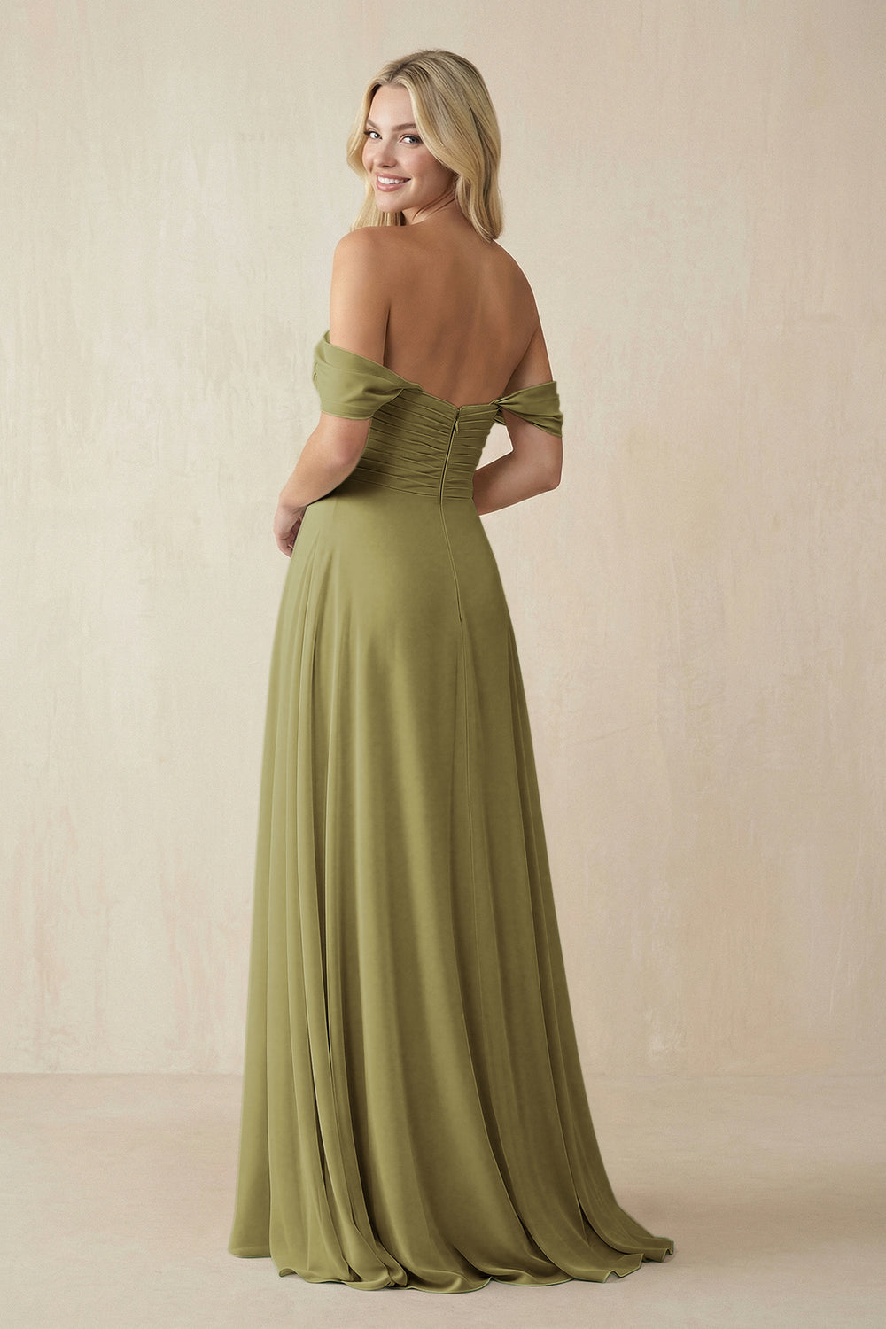 Off-the-Shoulder Chiffon A-Line Long Bridesmaid Dress in Moss Green