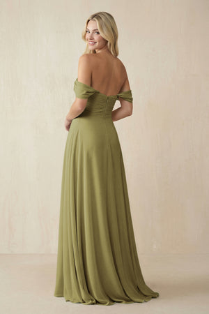 Off-the-Shoulder Chiffon A-Line Long Bridesmaid Dress in Moss Green (2) | KISSBRIDAL