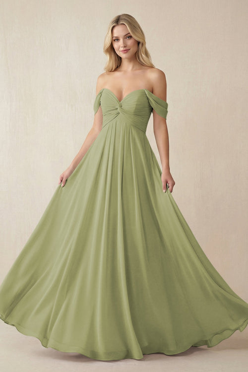 Off - the - Shoulder Chiffon A - Line Long Bridesmaid Dress in Moss Green - SHE IS ME Bridesmaid Dresses