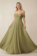 Off-the-Shoulder Chiffon A-Line Long Bridesmaid Dress in Moss Green | KISSBRIDAL