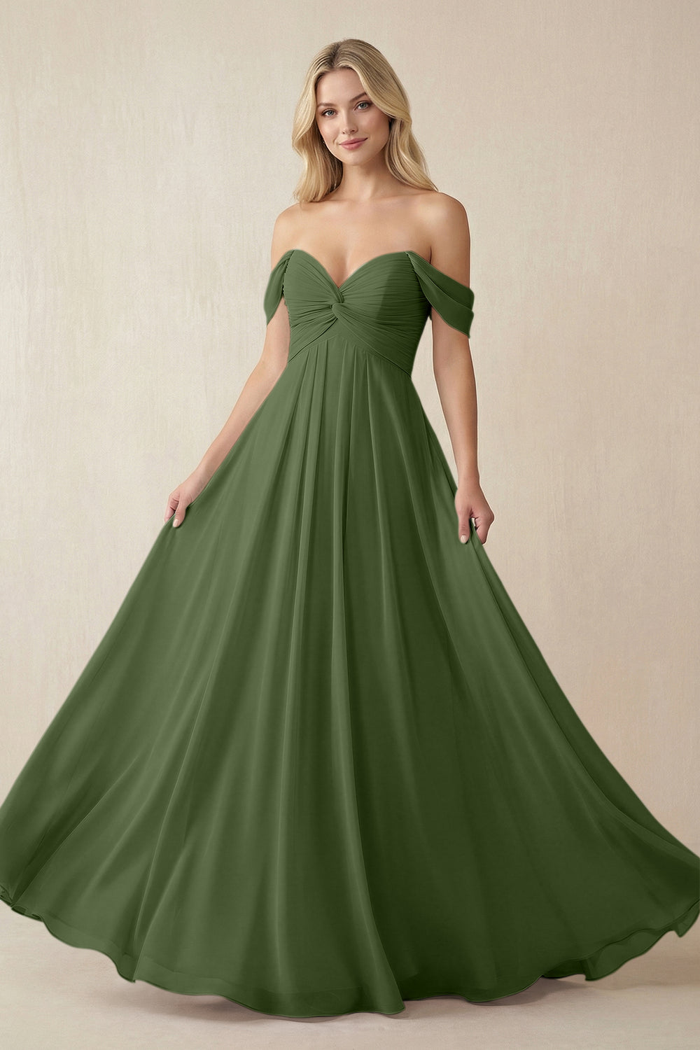 Off-the-Shoulder Chiffon A-Line Long Bridesmaid Dress in Moss