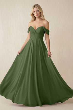 Off-the-Shoulder Chiffon A-Line Long Bridesmaid Dress in Moss | KISSBRIDAL