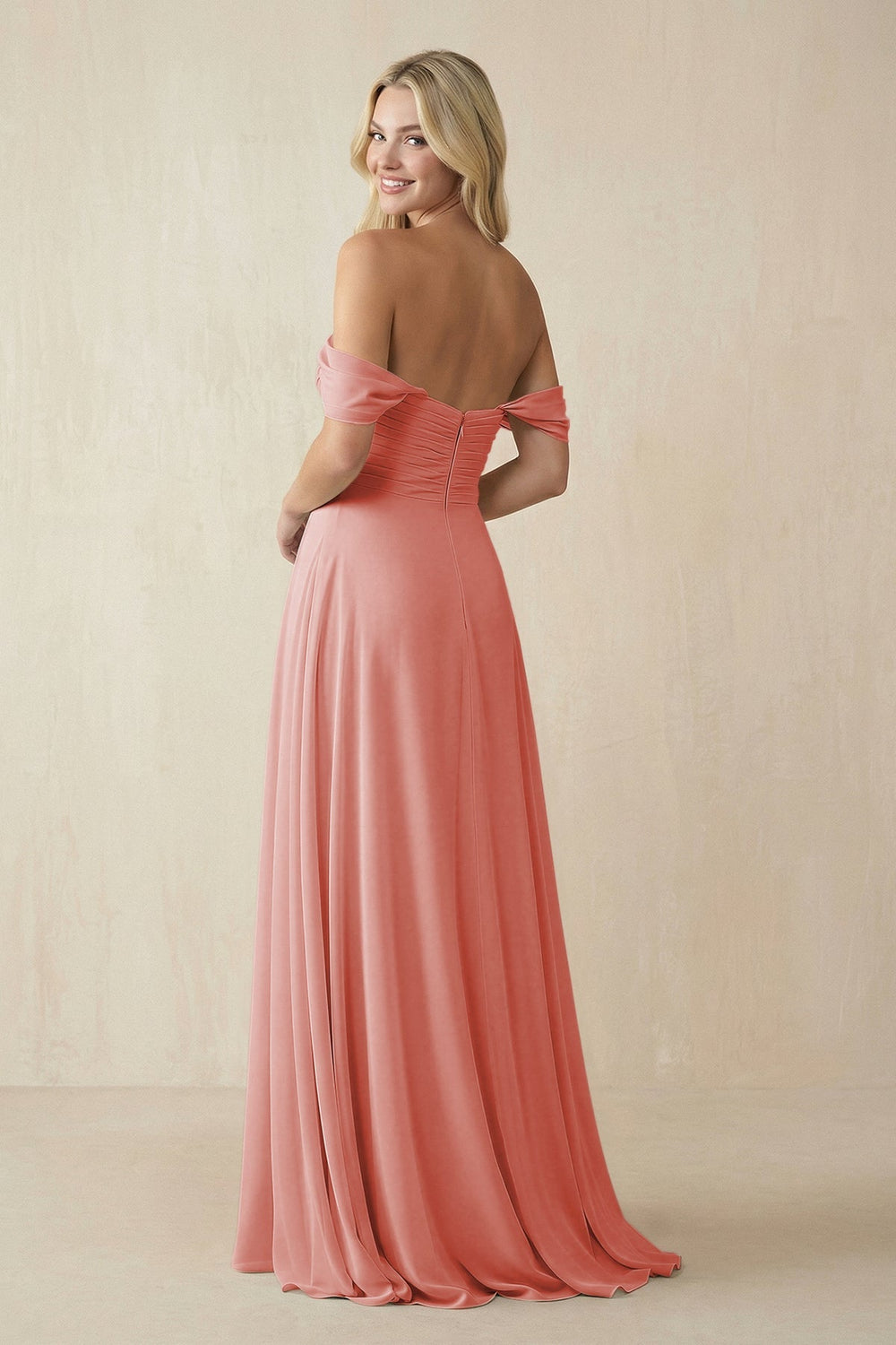 Off - the - Shoulder Chiffon A - Line Long Bridesmaid Dress in Mulberry - KISS BRIDAL Bridesmaid Dresses