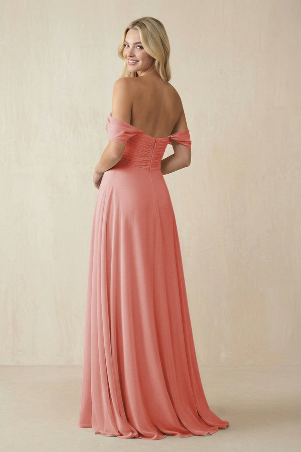 Off - the - Shoulder Chiffon A - Line Long Bridesmaid Dress in Mulberry - KISS BRIDAL Bridesmaid Dresses