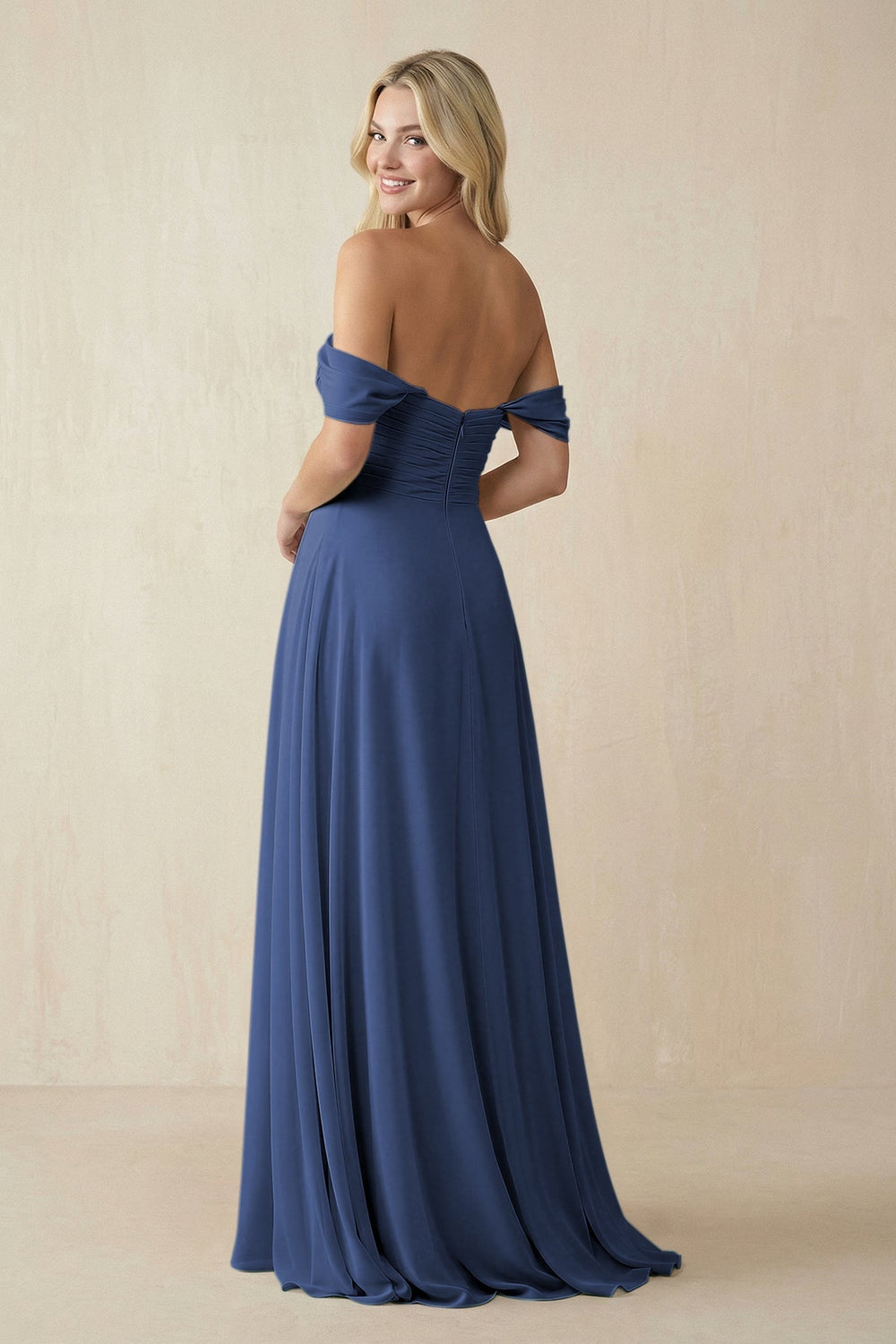 Off - the - Shoulder Chiffon A - Line Long Bridesmaid Dress in Navy - KISS BRIDAL Bridesmaid Dresses